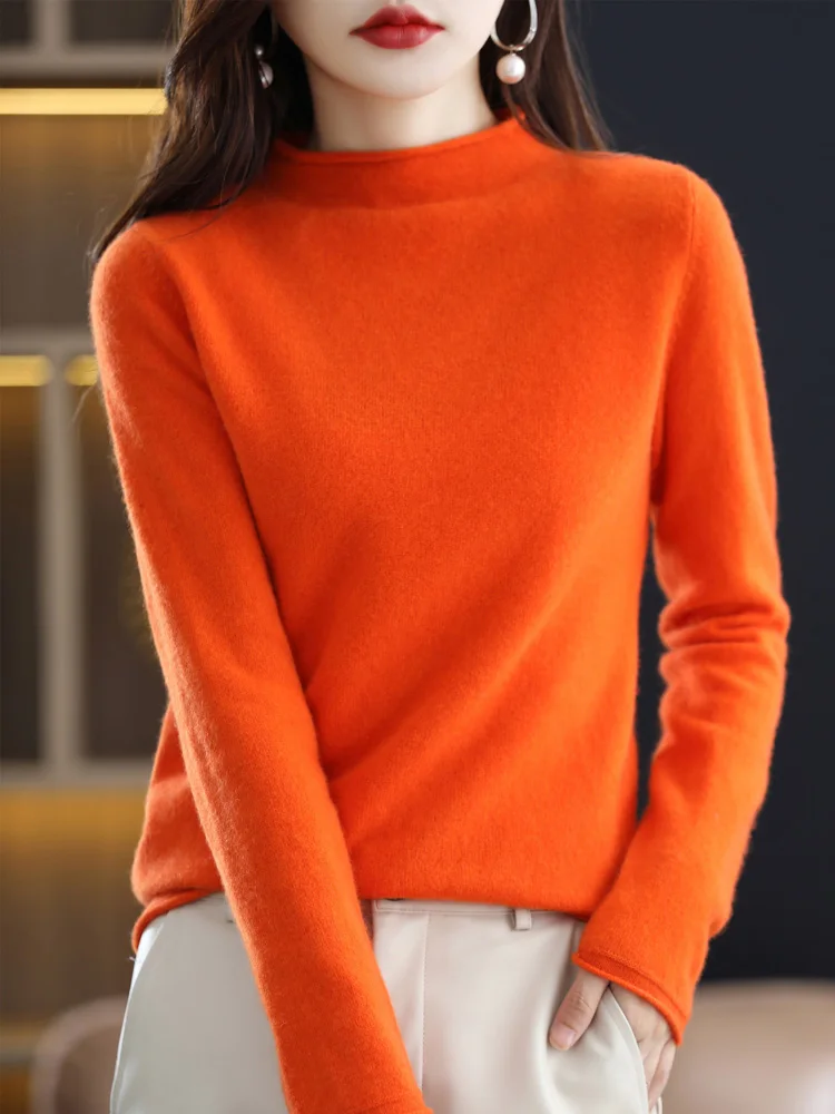 2023 New Fashion Women Sweater 100% Merino Wool Tops Jersey Mock Neck Long Sleeve Pullovers Spring Autumn Winter Jumper Knitwear