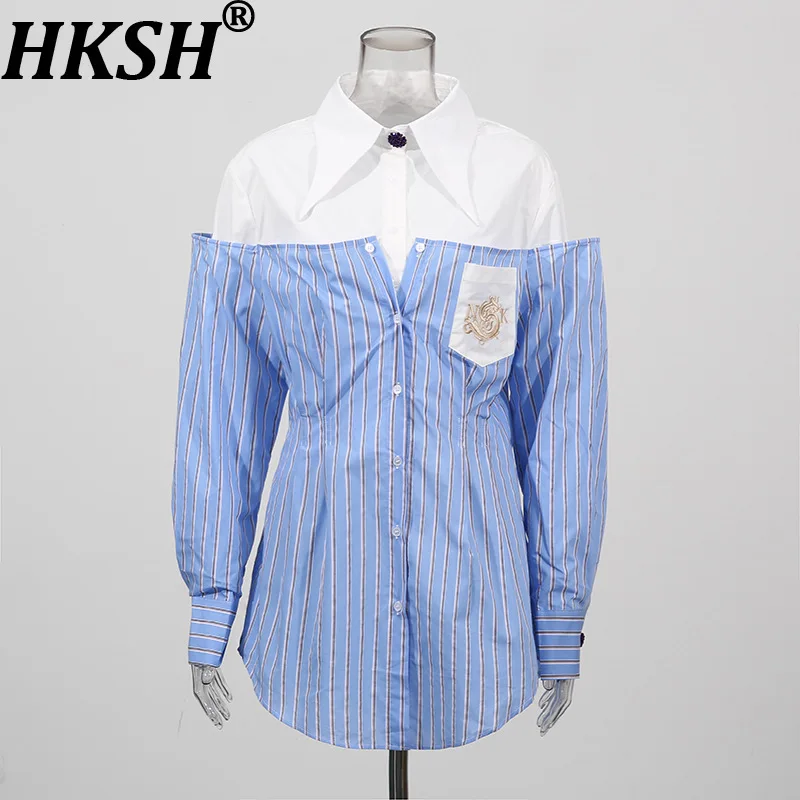 

HKSH 2025 Spring Summer New Women's Long Sleeve Striped Patchwork Fake Two-Piece Shirt Single-Breasted Unique Design Tops HK8317