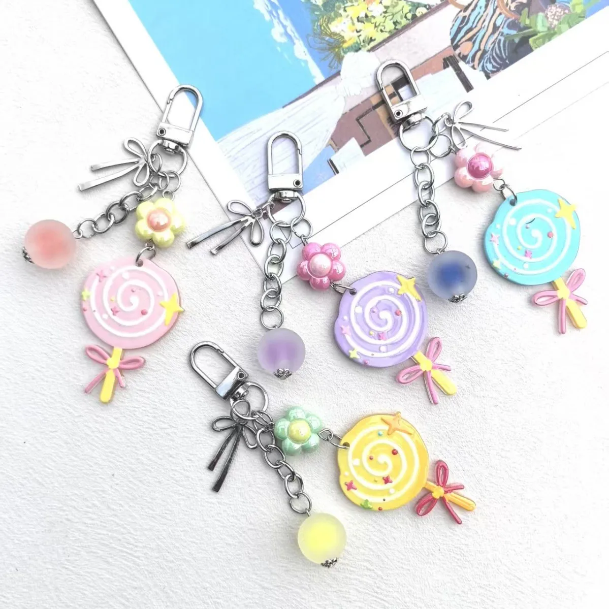 Macaron Lollipop Keychains Cute Girlish Flower Bow Pendants Bags Accessories Small Gifts Sweet Style Pendant Kawaii Key Chain