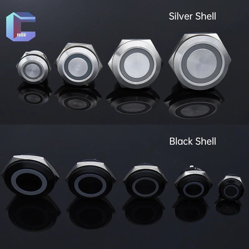 12/16/19/22/25/30mm Stainless Steel Black Shell Metal Ultrathin Lamp Short Touch Button Switch 1 NO  With Ring LED Annular Light