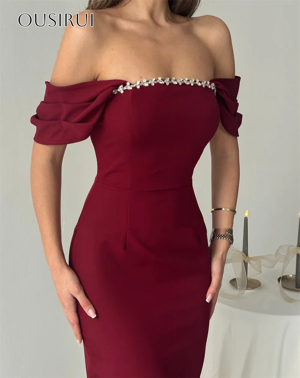 Off-shoulder satijnen schede cocktailjurken voor dames Kralen op maat Enkellengte Enkellengte lavi فسات فسات