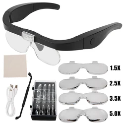 Head-mounted Magnifying Glasses With LED Light For Reading Watchmaker Repair USB Rechargeable Magnifier 1.5X 2.5X 3.5X 5.0X