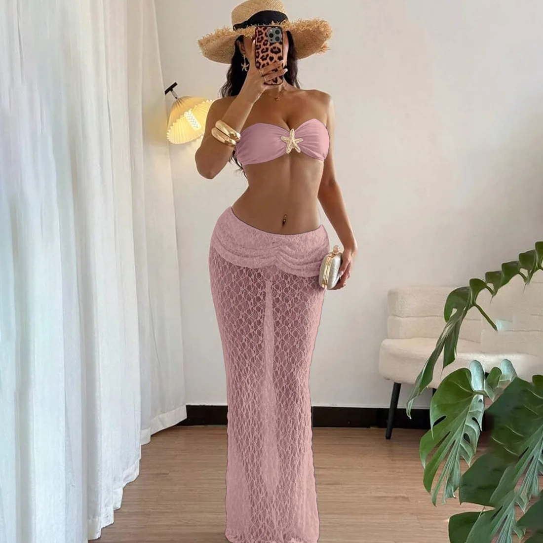 

2025 Summer Holiday Beach 2 Piece Set Metal Starfish Lace Up Strapless Bra Tops + Ruched See Through Lace Bodycon Long Skirts