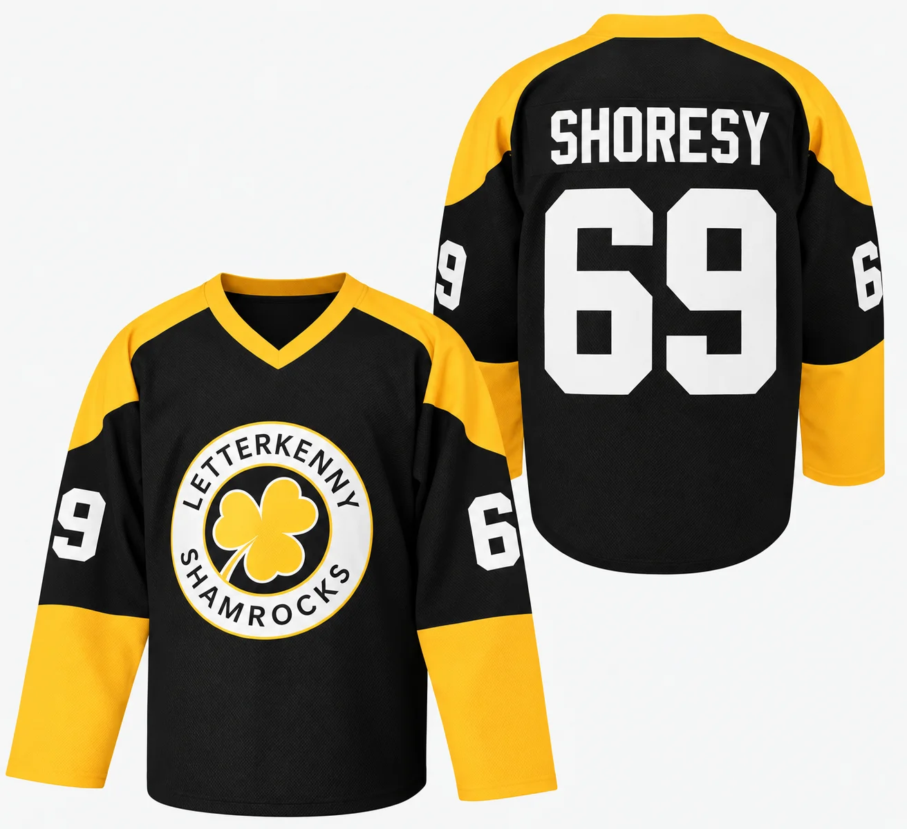 Shoresy #69 L-Letterkenny Shamrocks Hockey Jersey Black Yellow V Neck Long Sleeve Mens TV Show Fans Sports Gifts