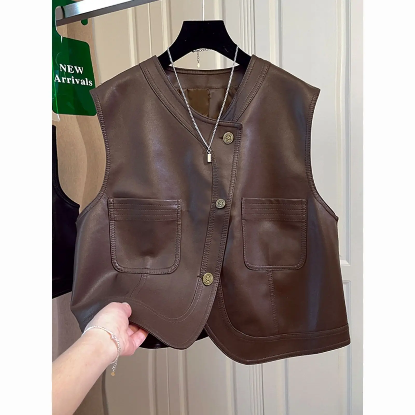 Korean Style Retro Short PU Leather Motorcycle Jacket Sleeveless Vest Tank Top Women's Fashion Autumn Wear Inner Match Pure C...