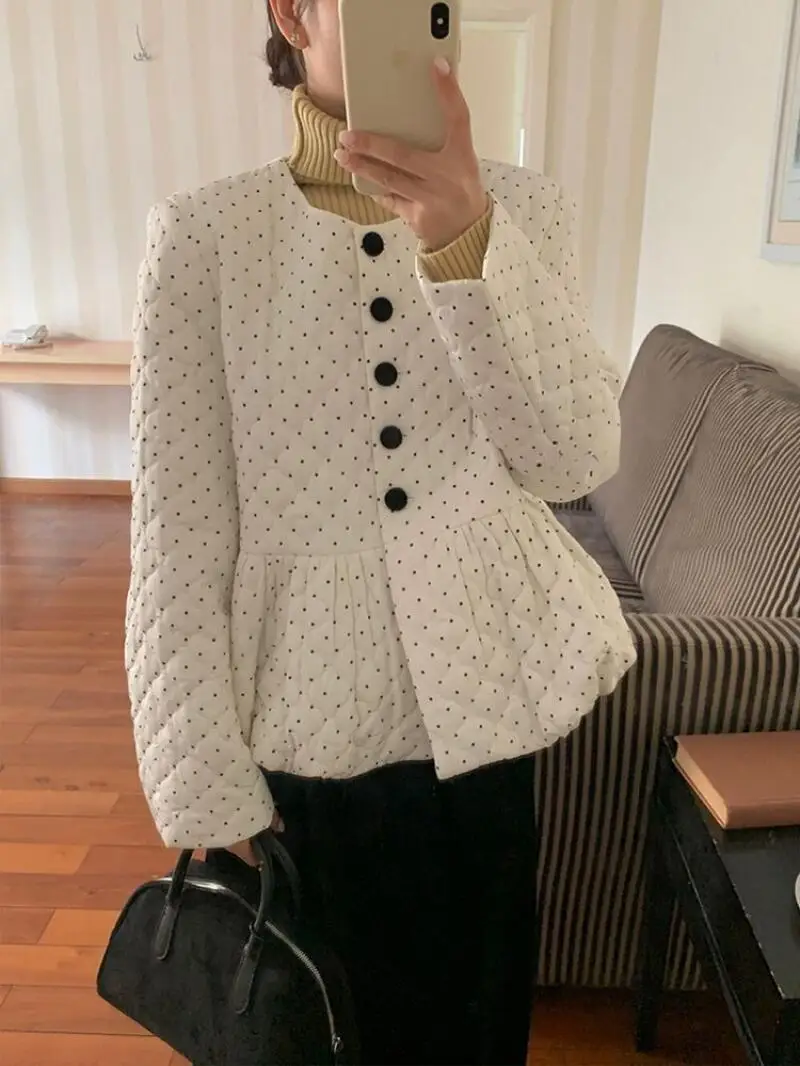 

Winter Coat Jacket Fleece Lined Autumn Winter Sweet Korean Style Youthful Warm Polka Dot Cotton Coat Women New Slim Fit