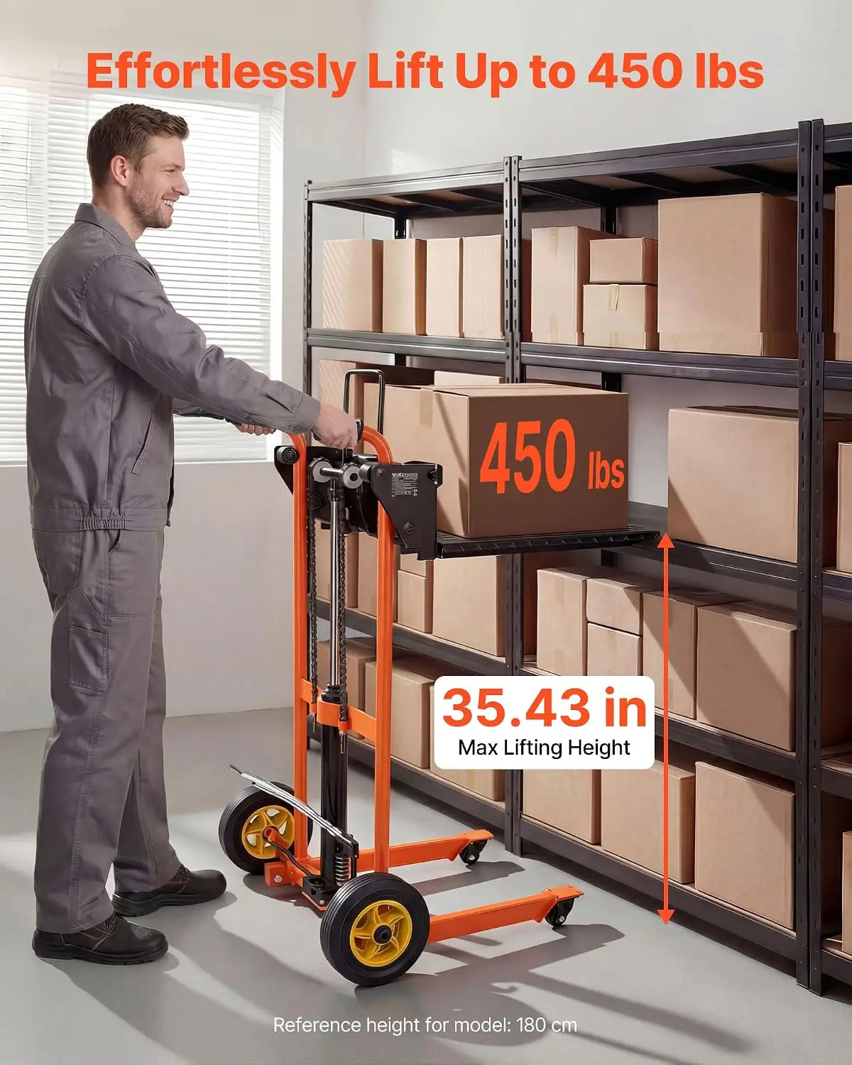 Hydraulic Material Lift Winch Stacker, 450 lbs Load Capacity, 35.4'' Max Lifting Height, Pallet Truck Dolly with Fork Lift Table