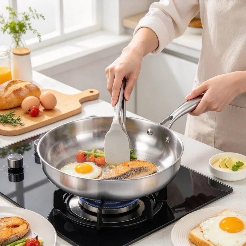 Uncoated 316 Stainless Steel Wok Pan, Durable Kitchen Cookware, Works for Induction Cooker and Gas Stove Home Cooking