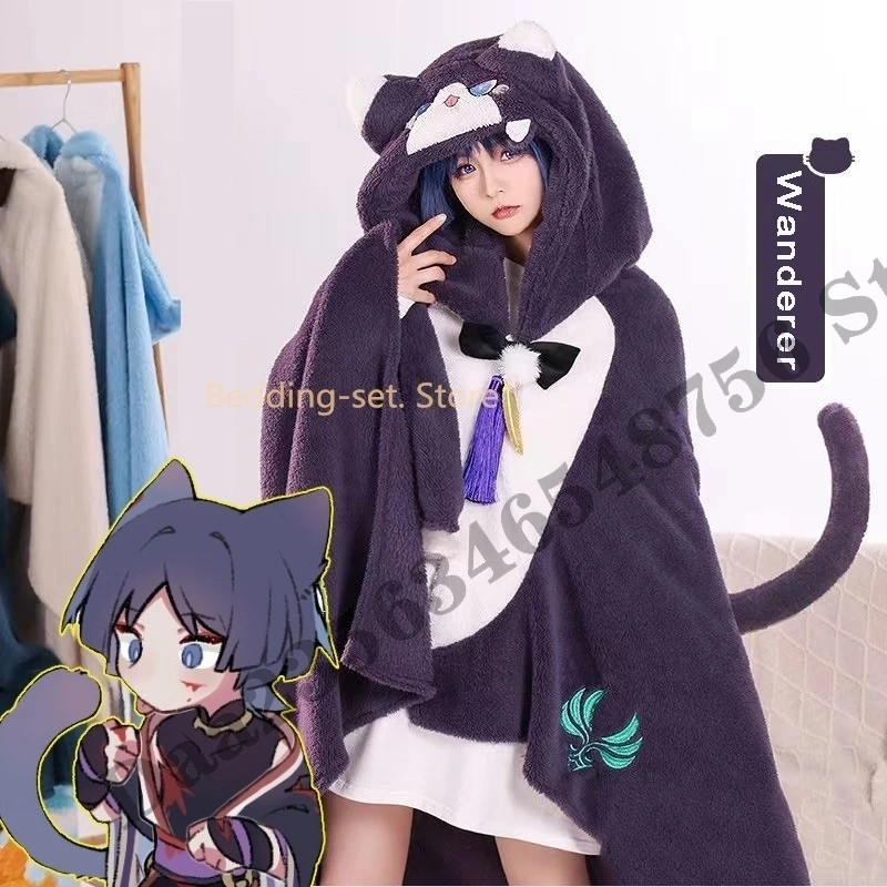 2025 لعبة Genshin Impact Venti تأثيري بطانية عباءة كيب مضحك بيجامة من الصوف زي هوديي الذكور والإناث تكييف الهواء