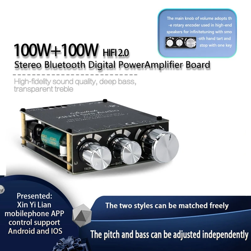 Bluetooth 5.0 TPA3116D2 Module High Bass Adjustment Stereo Digital Amplifier Board Module 100Wx2 Amplifier XY-T100H