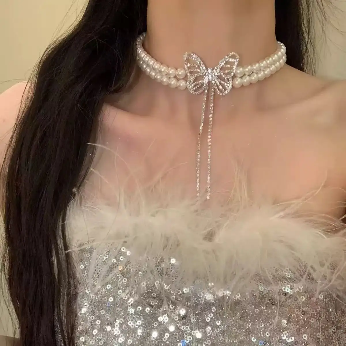 Butterfly Tassel Pearl Layered Necklace Women Fairy Princess Light Luxury Elegant Double Strand Choker Versatile Collarbone Gift