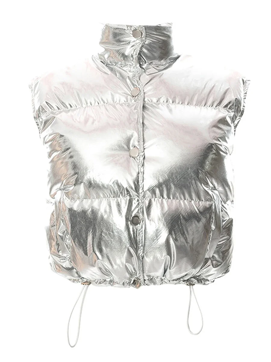 Winter Silver Padded Coat Vest Shiny Metallic Solid Color Stand Collar Zipper Quilted Waistcoat Short Outdoor Streetwear