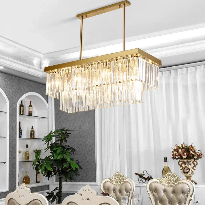 

Luxury Modern Gold/Chrome LED Chandelier Crystal Rectangle Kitchen Island Light Fixture for Dining Room Home Decor
