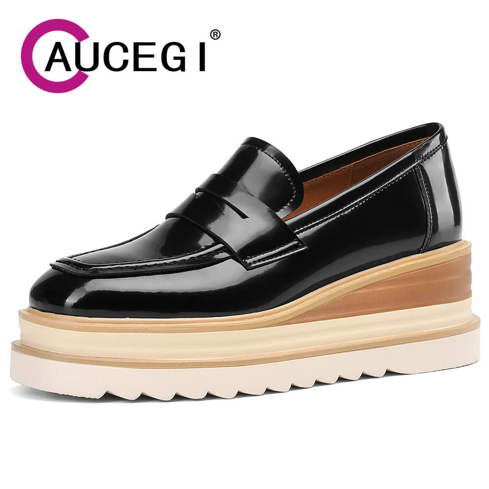 

Aucegi Genuine Leather Women's Comfortable Pumps Retro Platform Wedges Heels Casual Loafers Handmade Daily Life Shoes Brown