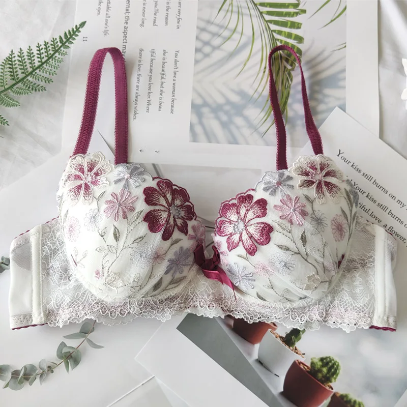 New embroidered flowers lingerie thin cups with steel ring bra breifs sets double-breasted underwear set
