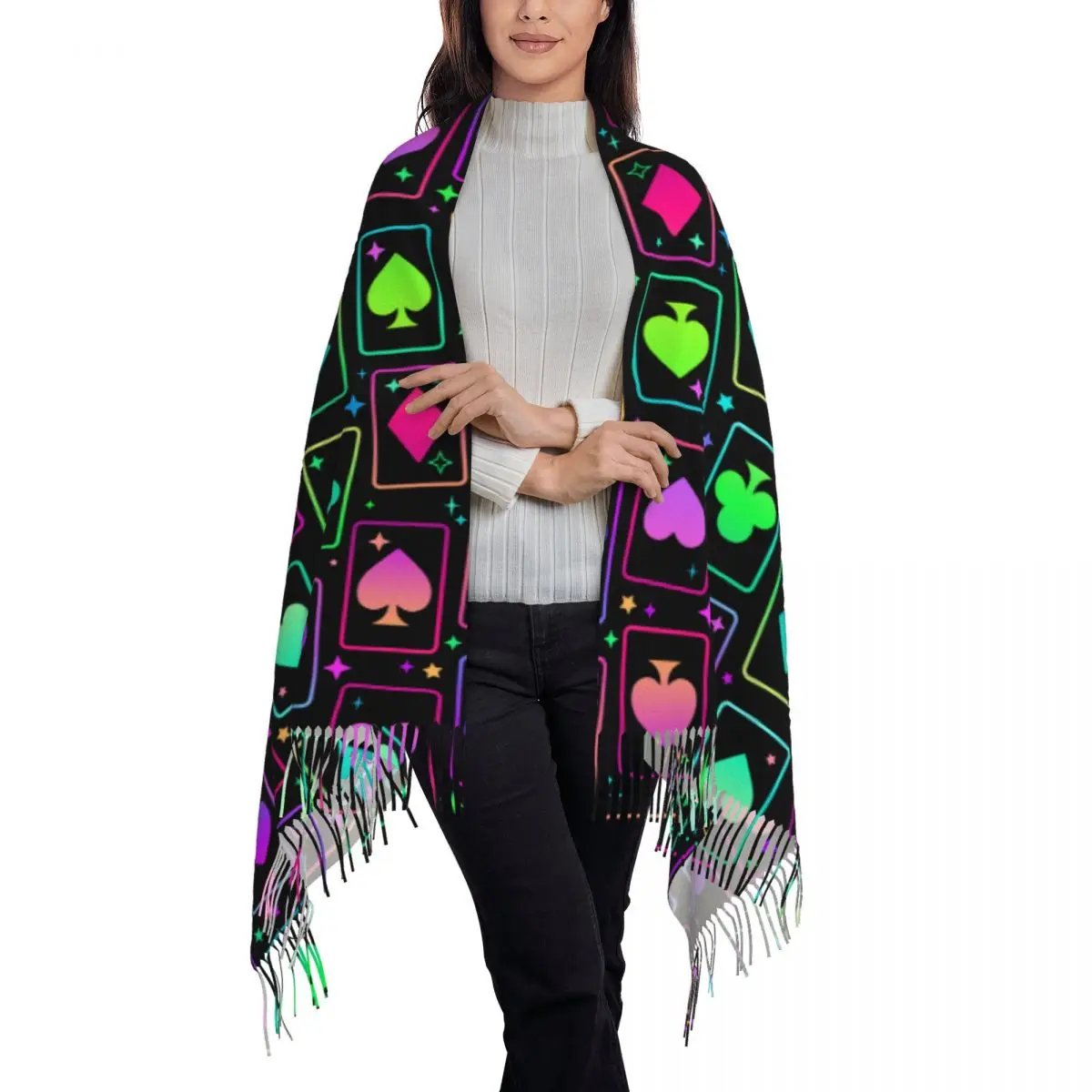 Personalized Printed Poker Long Pile Fringe Men Scarf Women'S Anti Chill Scarf