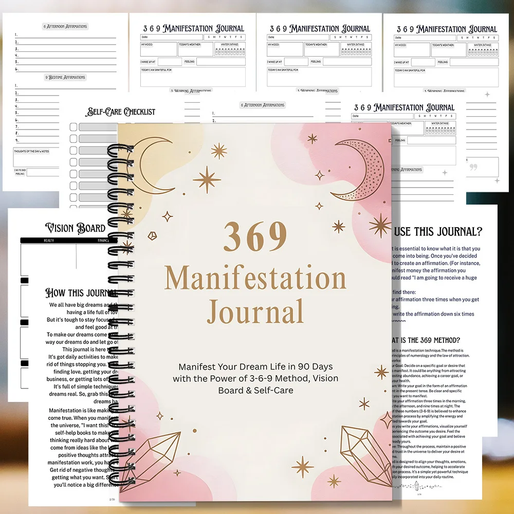 1PC Carnet à spirale sur le thème du cristal rose et doré, Journal de Manifestation Doux 369, pour attirer l'énergie positive personnelle