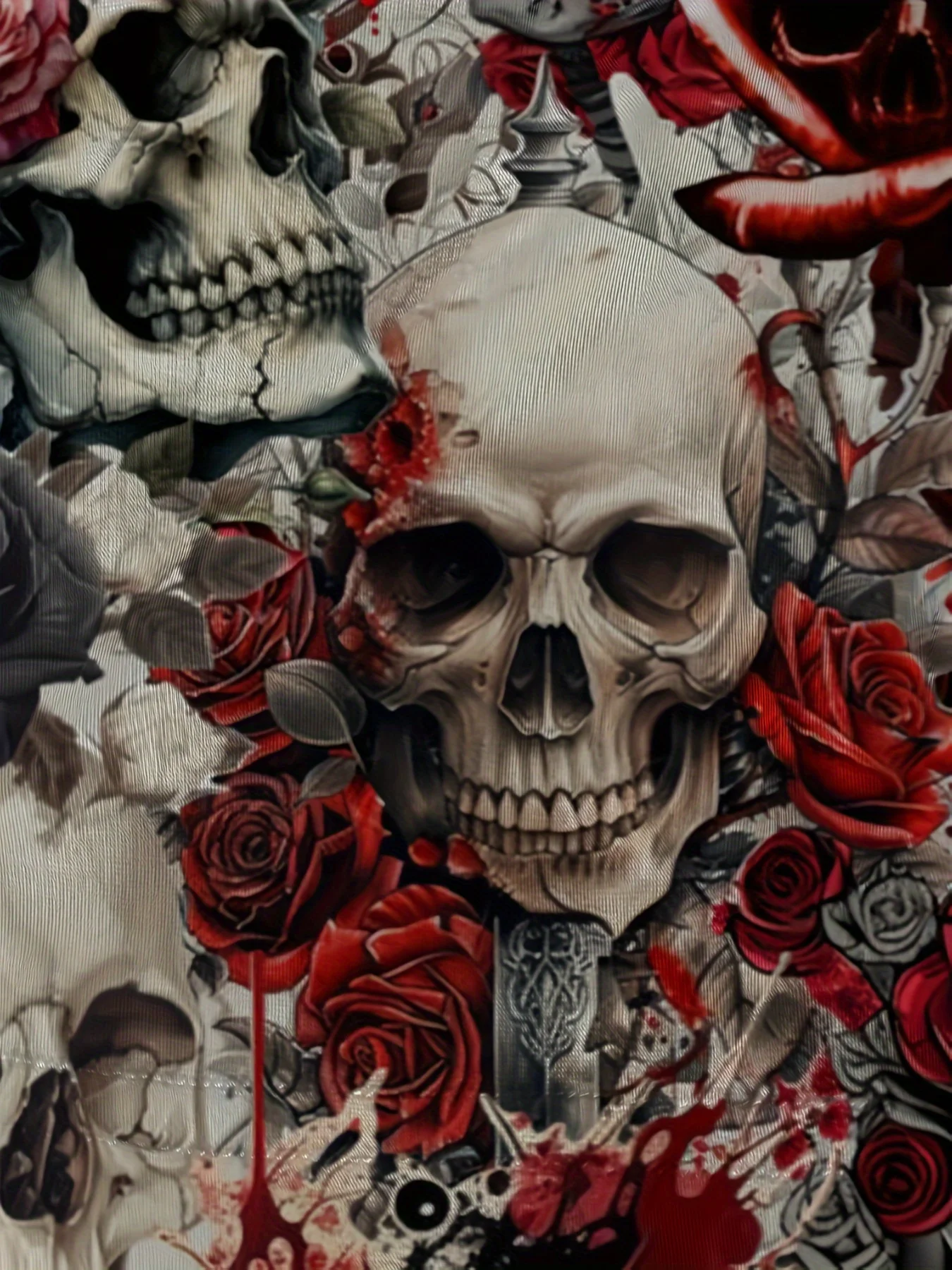 Herren-T-Shirt im Streetwear-Stil mit 3D-Druck – Roter Rosen- und Totenkopf-All-Over-Print – Halloween-Geschenk – Herren-Oberteil – Detail 6