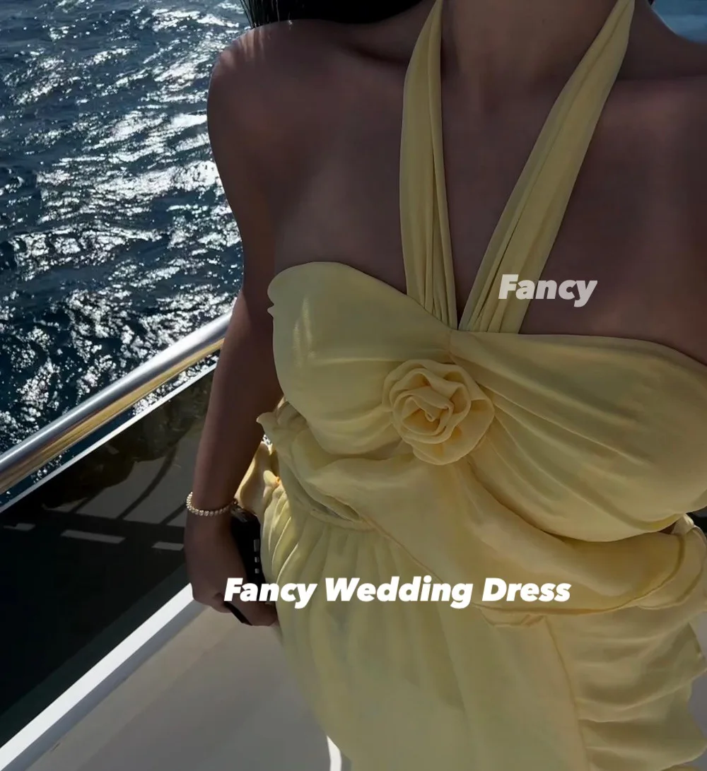 Fancy Sexy Halter Yellow Evening Dress A Line Chiffon Prom Gown Floor Length Formal Occasion Dresses Customized