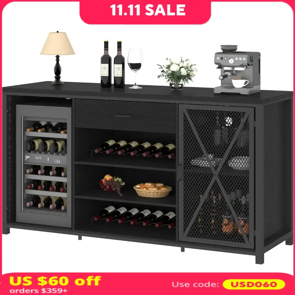 Bar Cabinet with Fridge Space, Modern Wood Metal Large Wine Liquor Cabinets with Rack, Big Wide Sideboard Buffet Cabinet