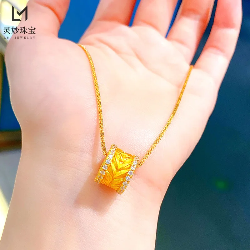 New ancient method 24K real gold point diamond wheat ear passepartout pendant necklace 9999 transfer bead clavicle chain  gift