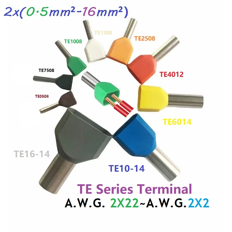 100pcs/lot Copper Insulated Ferrules Lug Twin Cables Type 2x(0.5mm²~16mm²) Electrical Cord End Terminal Crimping Lug TE2508 etc.