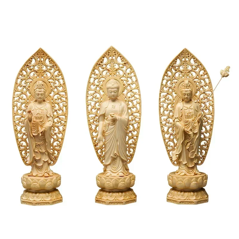 Solid wood carving ，Guanyin, Tathagata  ，Chinese Buddha Statue ，Home living room, Temple decorations 22cm 3-piece set