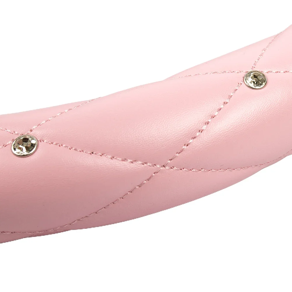 1pc Pink Car Steering Wheel Cover 38cm/15Inch PU Leather Bling W/ Rhinestone Decor Exquisite Workmanship & Delicate Fashion