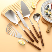 5PCS 304 Stainless steel and Nature Wood Kitchenware Cooking Utensils Set Kitchen Shovel Soup Spoon Cake Spatula Knife