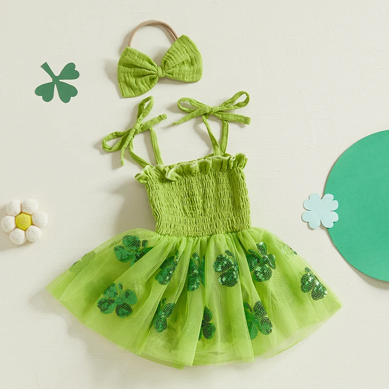 Toddler Girls St Patrick s Day Green Shamrock Print Romper Dress with Matching Headband Set for Festive Outfit