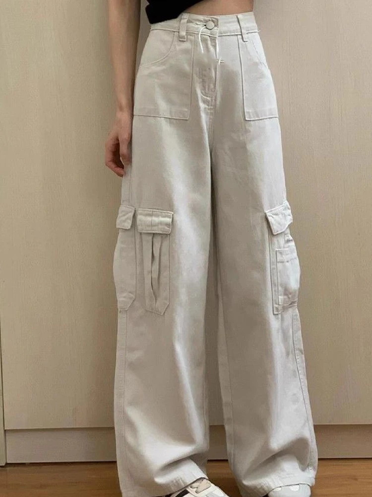 Estilo americano cintura alta carga jeans feminino outono novo bege retro solto perna larga reta calças versáteis