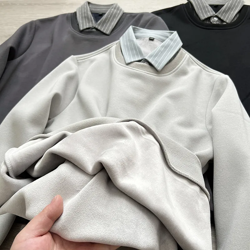 

Men's Thickened Fleece Lined Casual Knitted Sweater Fake Two-Piece Style Warm Fashion Urban Style Long Sleeve Crew Neck Sweater