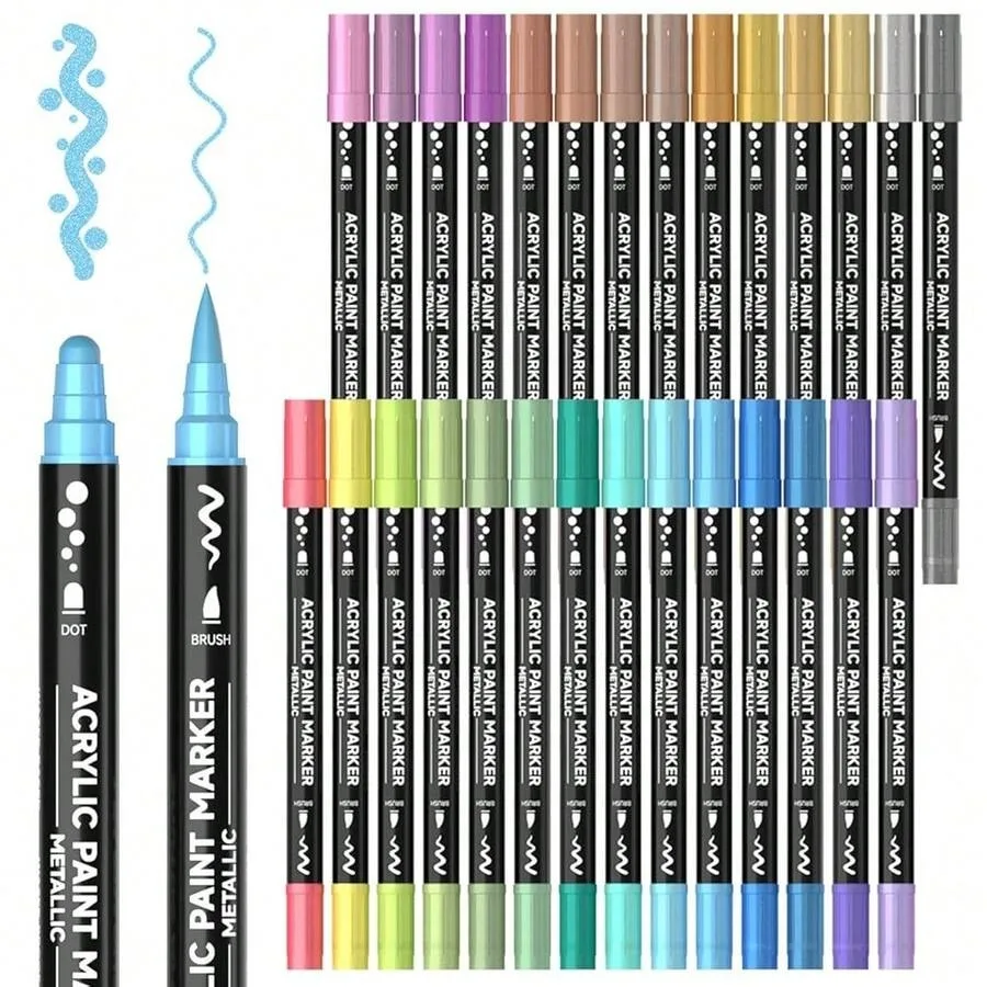 

28 Metallic Colors Dual Tip Acrylic Paint Markers, Brush Tip And Dot Tip Acrylic Paint Pens For Rock Painting, Ceramic, Wood, C