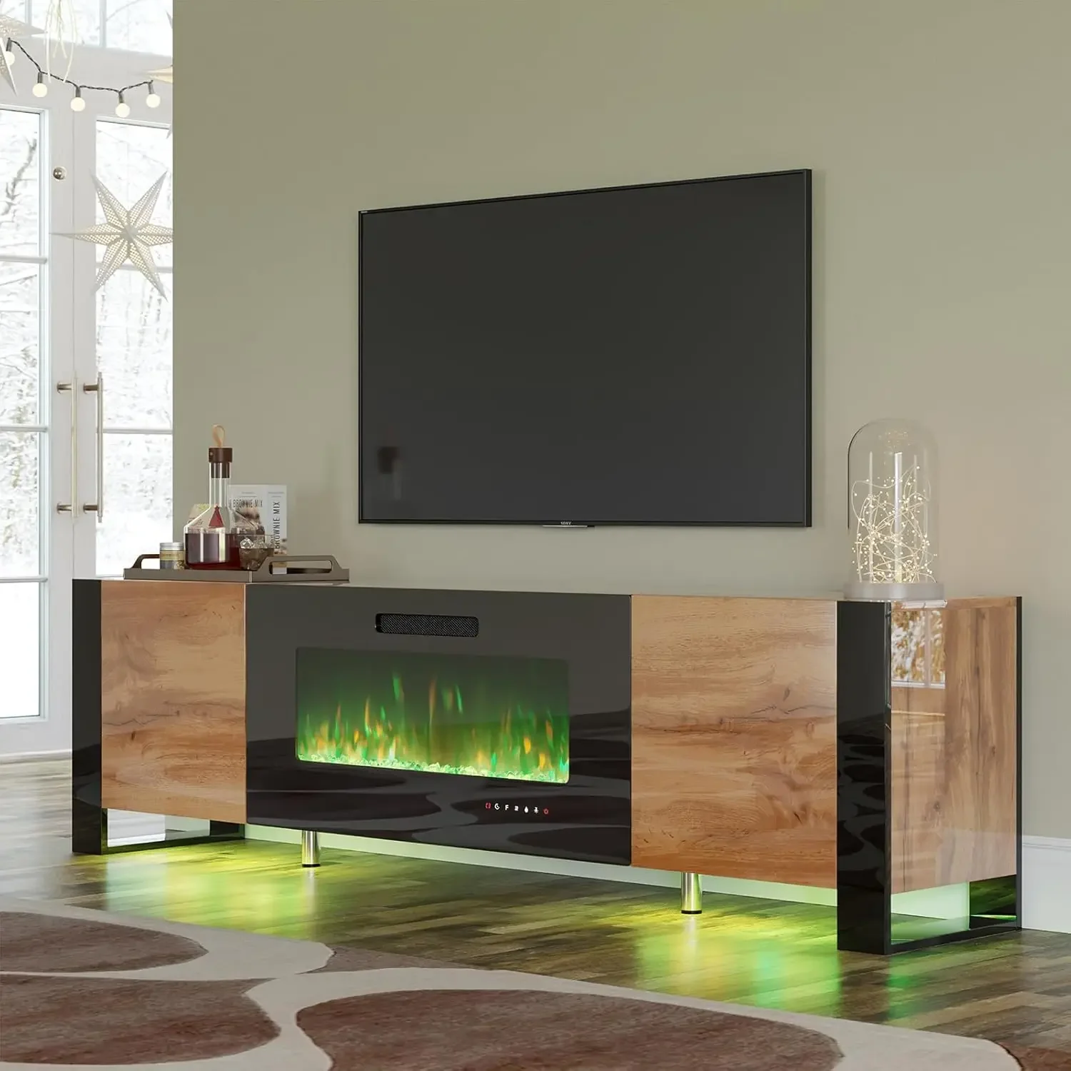 

VanAcc 70" Fireplace TV Stand with 36" Electric Fireplace, High Gloss Entertainment Center with LED Lights, Modern Entertainment