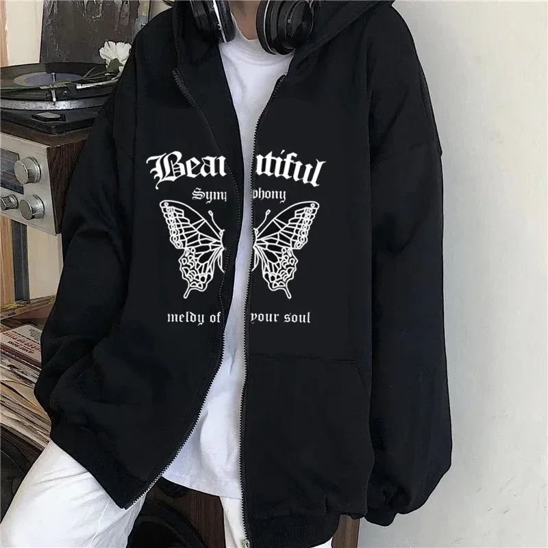 2024 Dark Gothic Style Cardigan Sweatshirt \'Beautiful\' Butterfly Series Y2k Zip Up Hoodies Street Fashion Loose Fleece Jackets