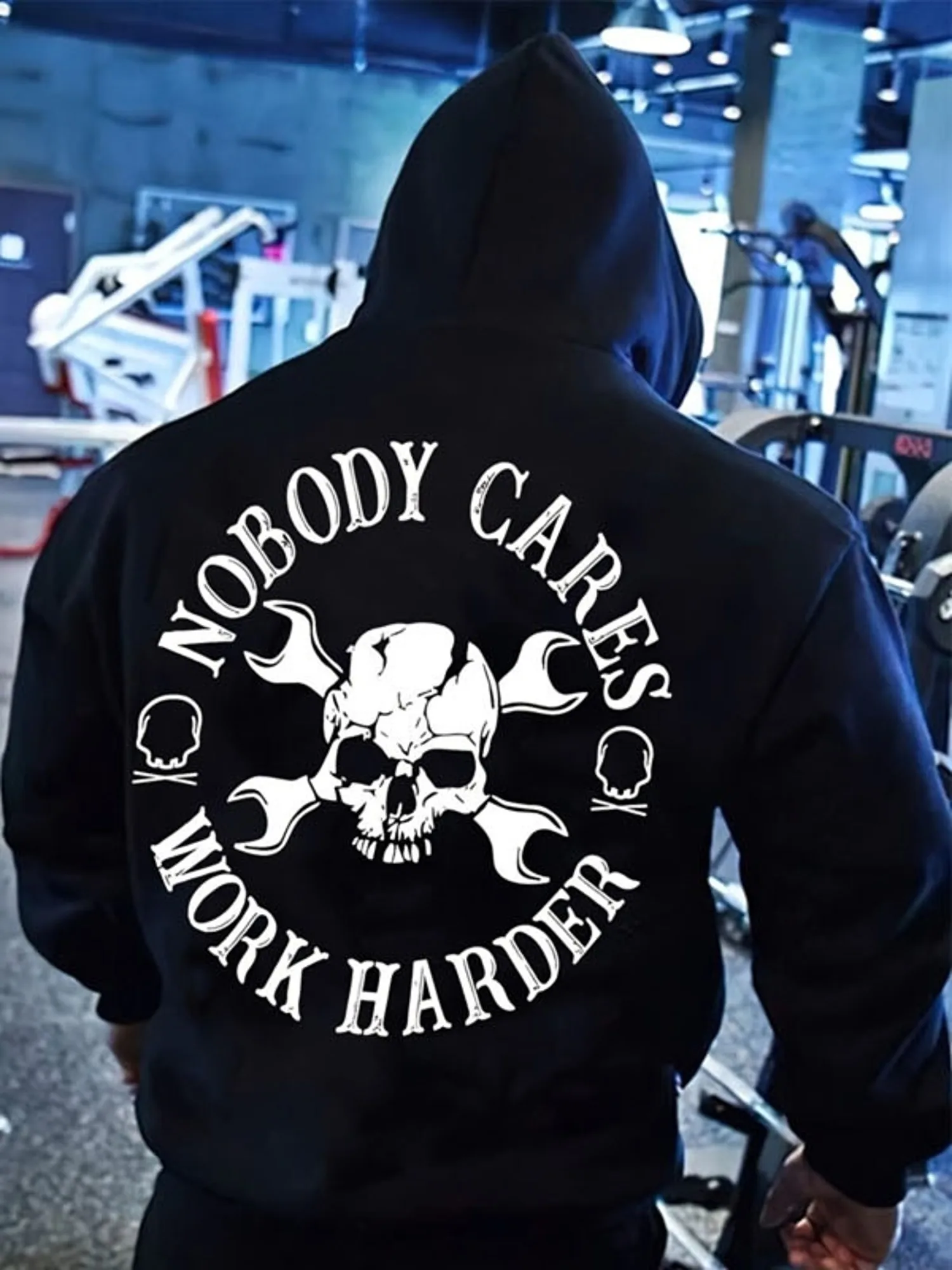 Men'S Fashion Hoodie, Black Skull Graphic "NOBODY CARES WORK HARDER" Print, Polyester Material, Sizes S/M/L/XL/XXL, Suitable for Gym & Daily Wear, Ideal Holiday Gift for Best Friends, Perfect for Winter Season