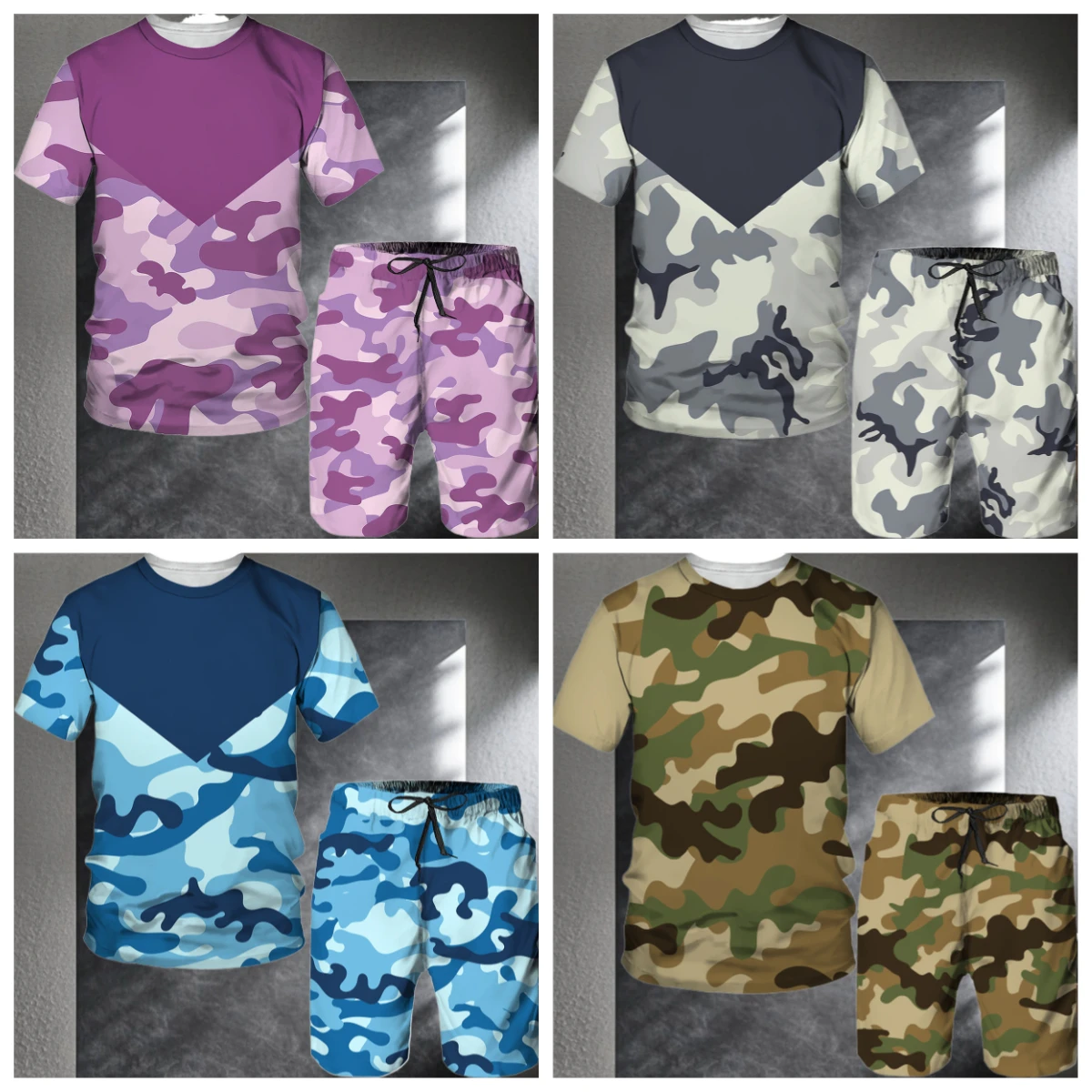

25/26 New Summer Set Men's T-shirt Trendy American Street Printed Round Neck Men's Set Trendy Handsome Sports Two Piece Set