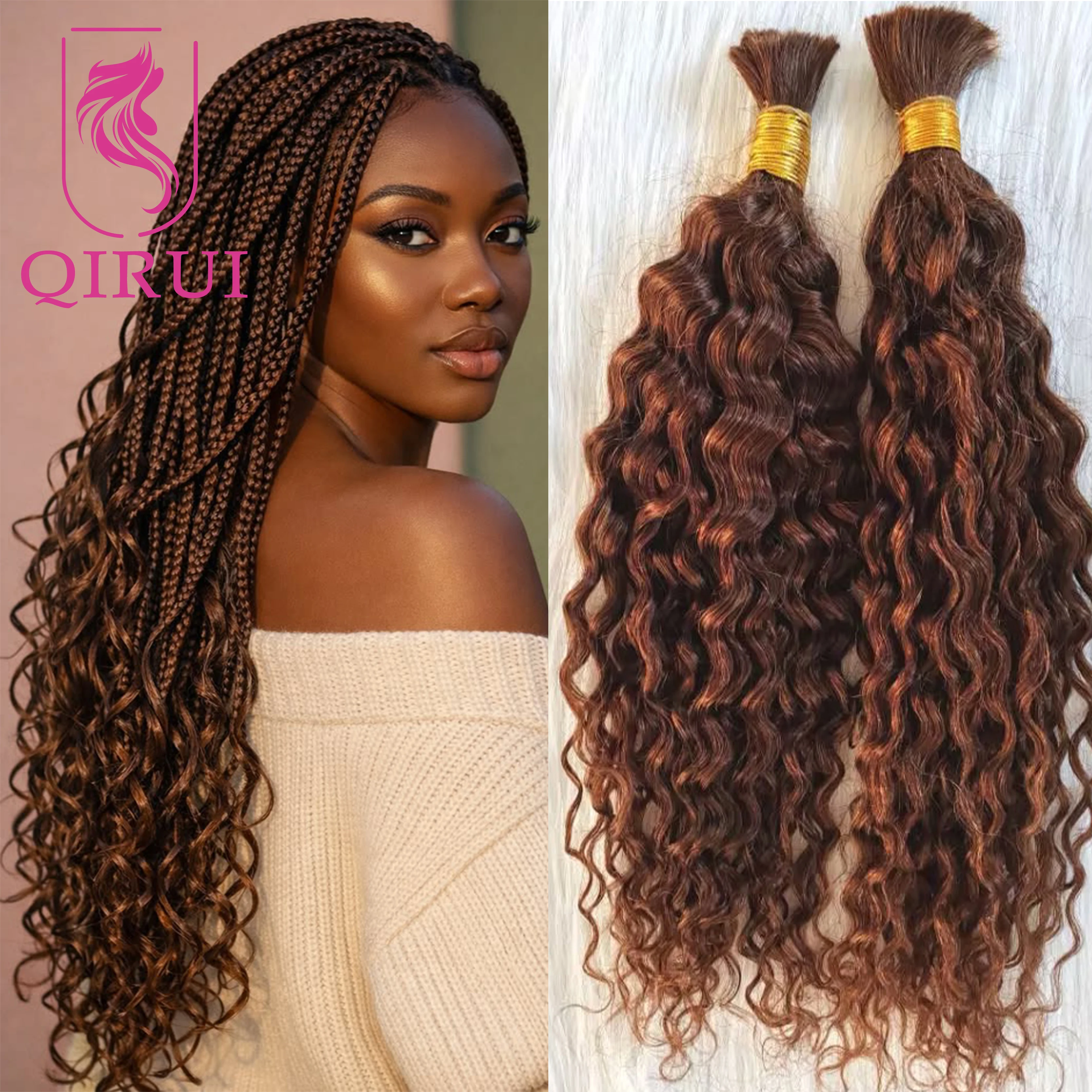 

Color #4 Water Wave Bulk Human Hair For Braiding Double Drawn Bulk Human Hair For Boho Braids Bulk Human Hair Bundles Wholesale