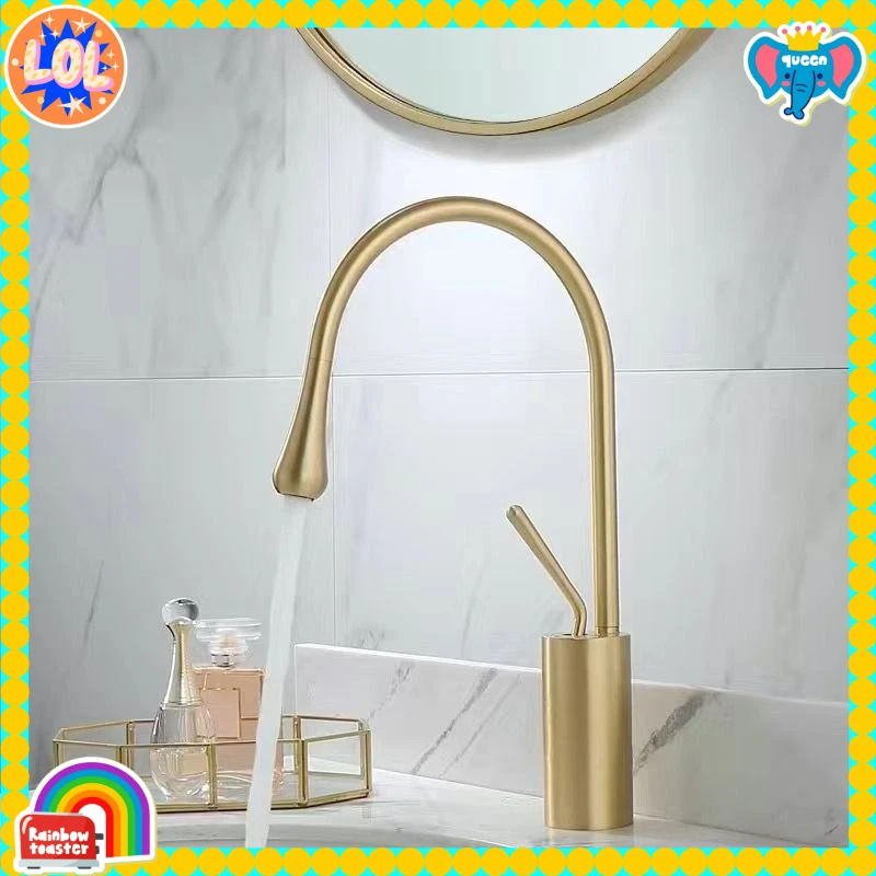 

Golden Swan Neck Faucet, High Arc Deck Mount Tap for Bathroom Vanity & Kitchen Island, Cold & Hot Water Mixer