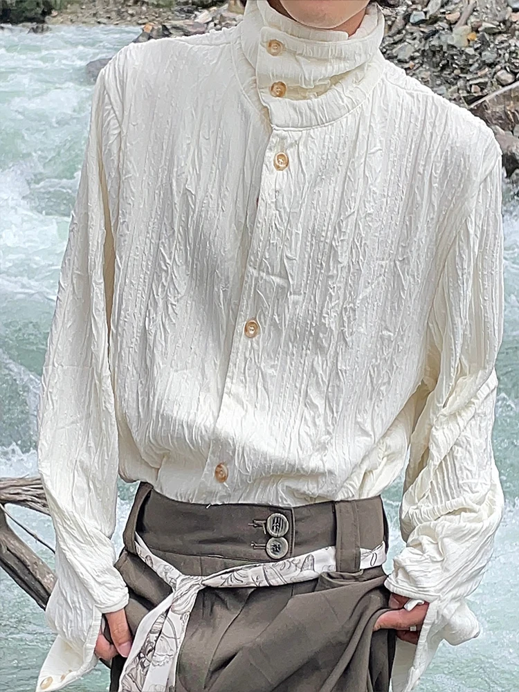 

BKYC Retro Textured Pleated High Collar Long Sleeve Base Shirt Youthful Autumn Winter Men's Casual Fashion Inner Wear