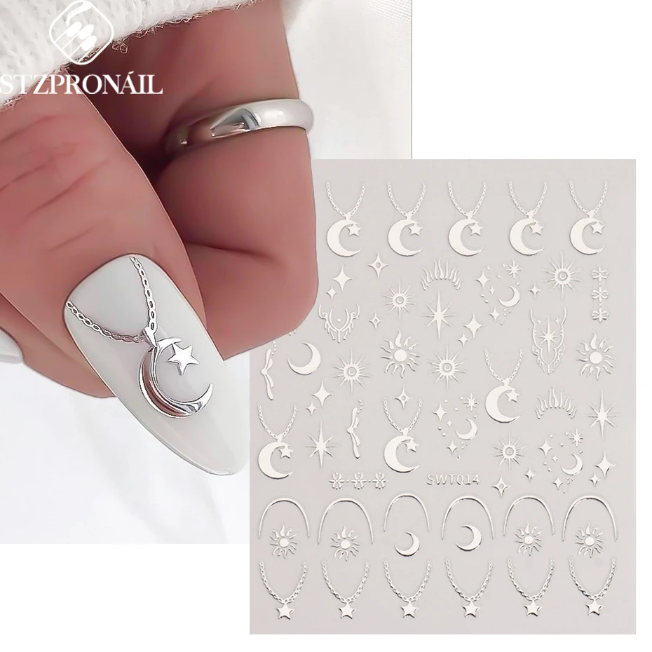 Sliver Nails Stickers Mental Sun Moon Star Lock Angel Wing Decals Nail Charms 3D Adhesive Sliders Spring Decor Accessories SLSWT