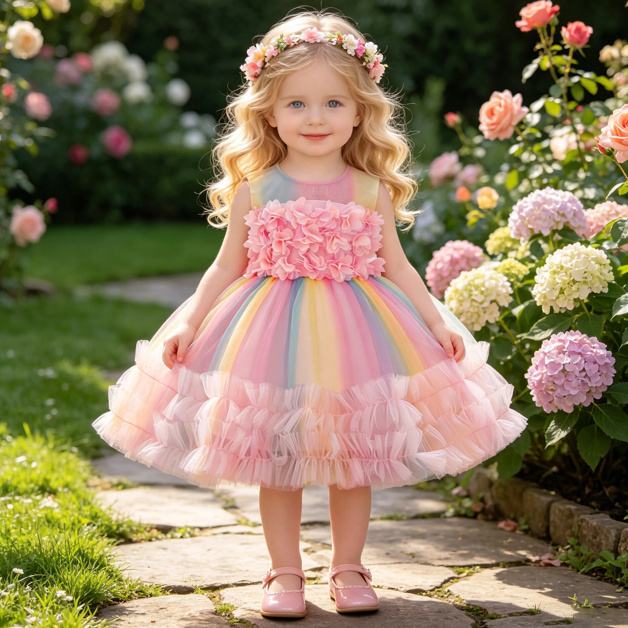 Flauschige Blume Brautjungfern Party Baby Mädchen Kleid Formal Rosa Tüll Taufe 1. Geburtstag Prinzessin Mädchen Kleider Hochzeit Abendkleid