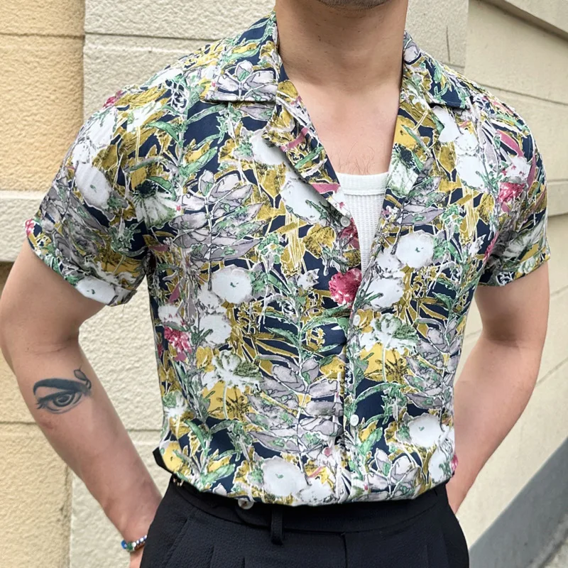 

2023 Summer Abstract Art Colorful Flowers Short Sleeve Shirt Men Slim Casual Business Shirt High Quality Camisa Social Masculina