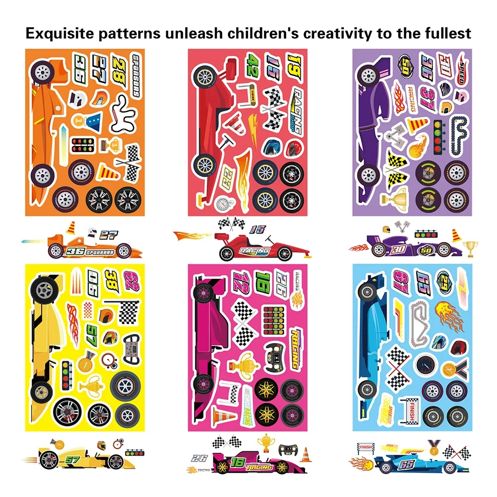 6/12 Blatt coole Rennwagen machen ein Gesicht Puzzle Aufkleber Cartoon Aufkleber Kinder lustige Puzzle Lernspielzeug Party DIY Spiele Jungen Geschenke