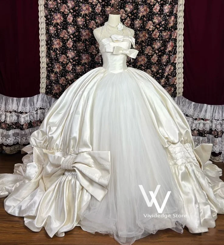 

Белое свадебное платье из блестящего атласа для женщин, винтажное, без бретелек, с бантом, А-силуэт, плиссированное, в средневековом стиле, на заказ