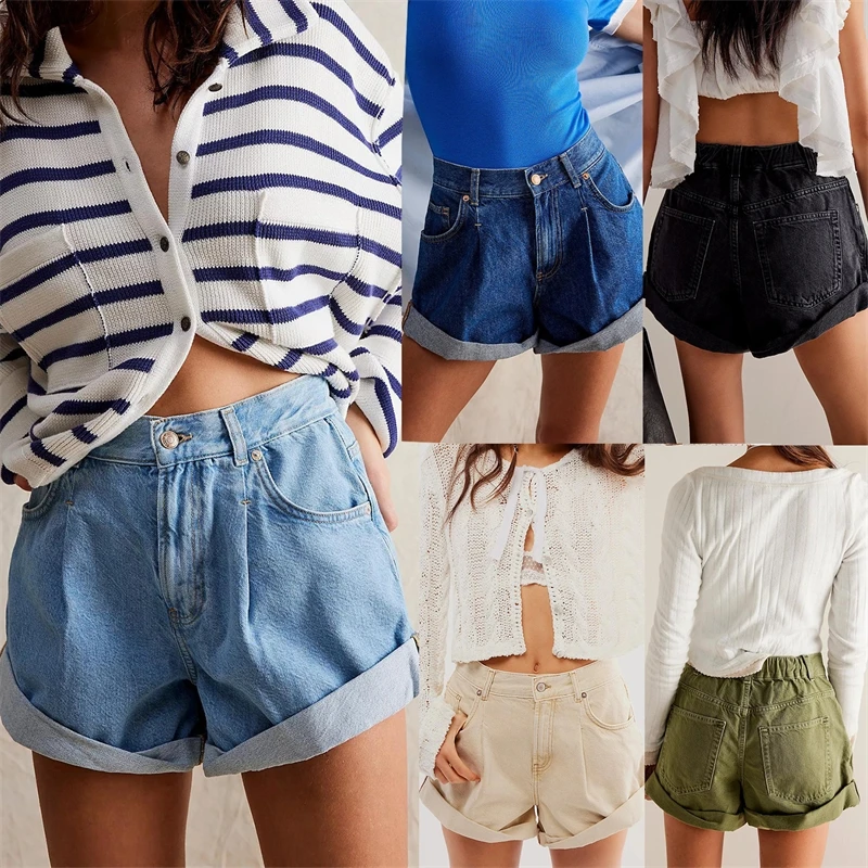 

2025 New Women High Waist Stretch Denim Vintage Wash Roll Up Hem Denim Shorts Hot Pants Summer Casual Streetwear Fashion