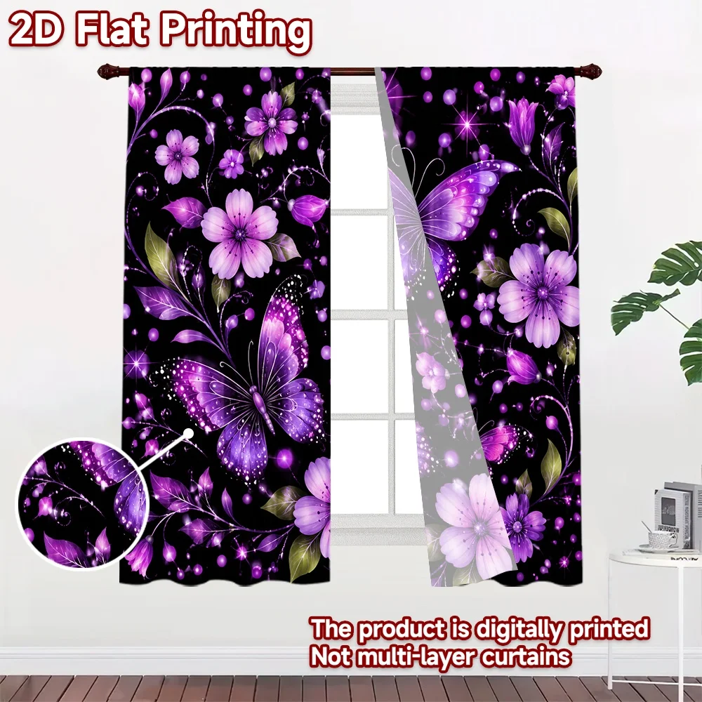 2D flat 2pcs Curtain Retro Country Style Curtains Purple Butterflies and Flowers Durable polyester fiber Party Decorations for