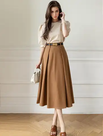 Koreanischer Stil Khaki lässig Frauen A-Linie Rock mit Gürtel 2024 hohe Taille lose Büro ol große Schaukel Midi Röcke weiblich