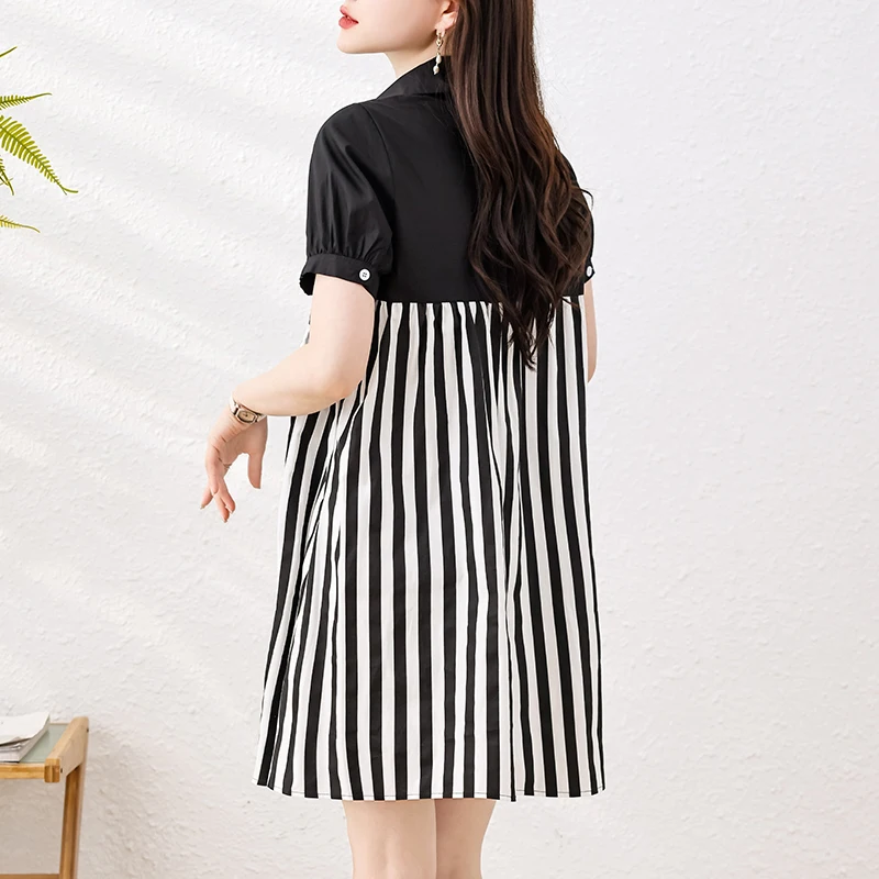 #7986 Summer Vertrical Striped Shirt Dress Women Split Joint Mini Dress Puff Short Sleeve Sexy A-line Buttons Front Shirt Dress 