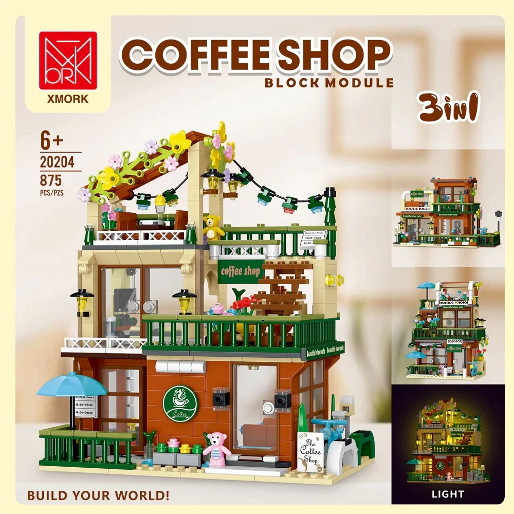Klemmbausteine Balkon-Kaffeehaus 3-in-1 mit LED Modulare Bausteine-Sets Stadtansicht Apartment-Haus-Laden Architektur Montage-Ziegelstein-Modellbausatz Jungen-Spielzeug Erwachsene Kinder DIY Geschenk